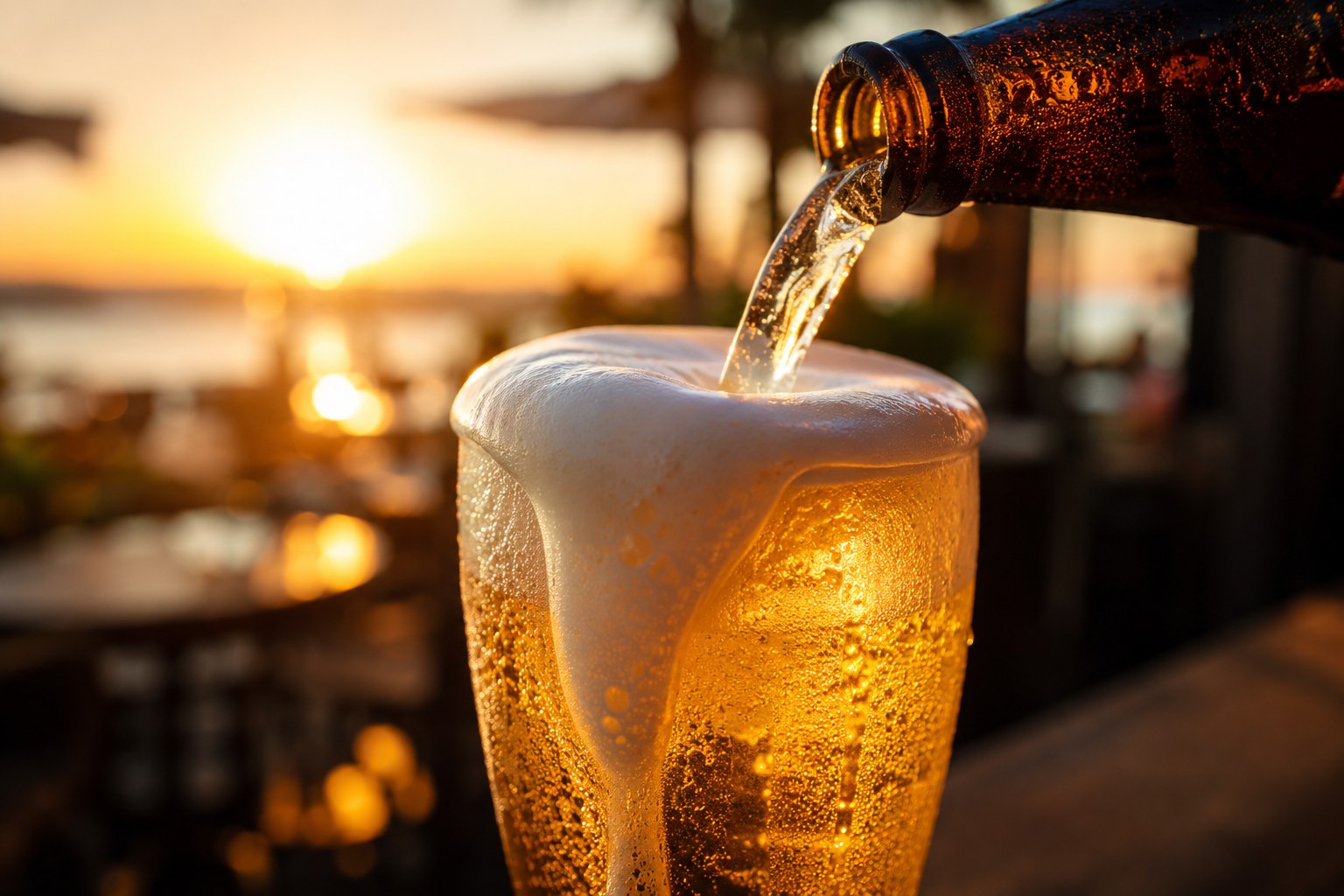 Cold beer poured at sunset over Mabprachan Lake
