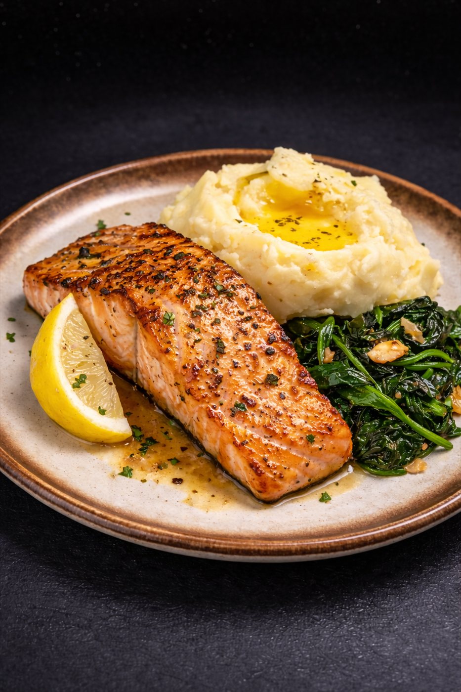 Grilled salmon steak with mash and spinach