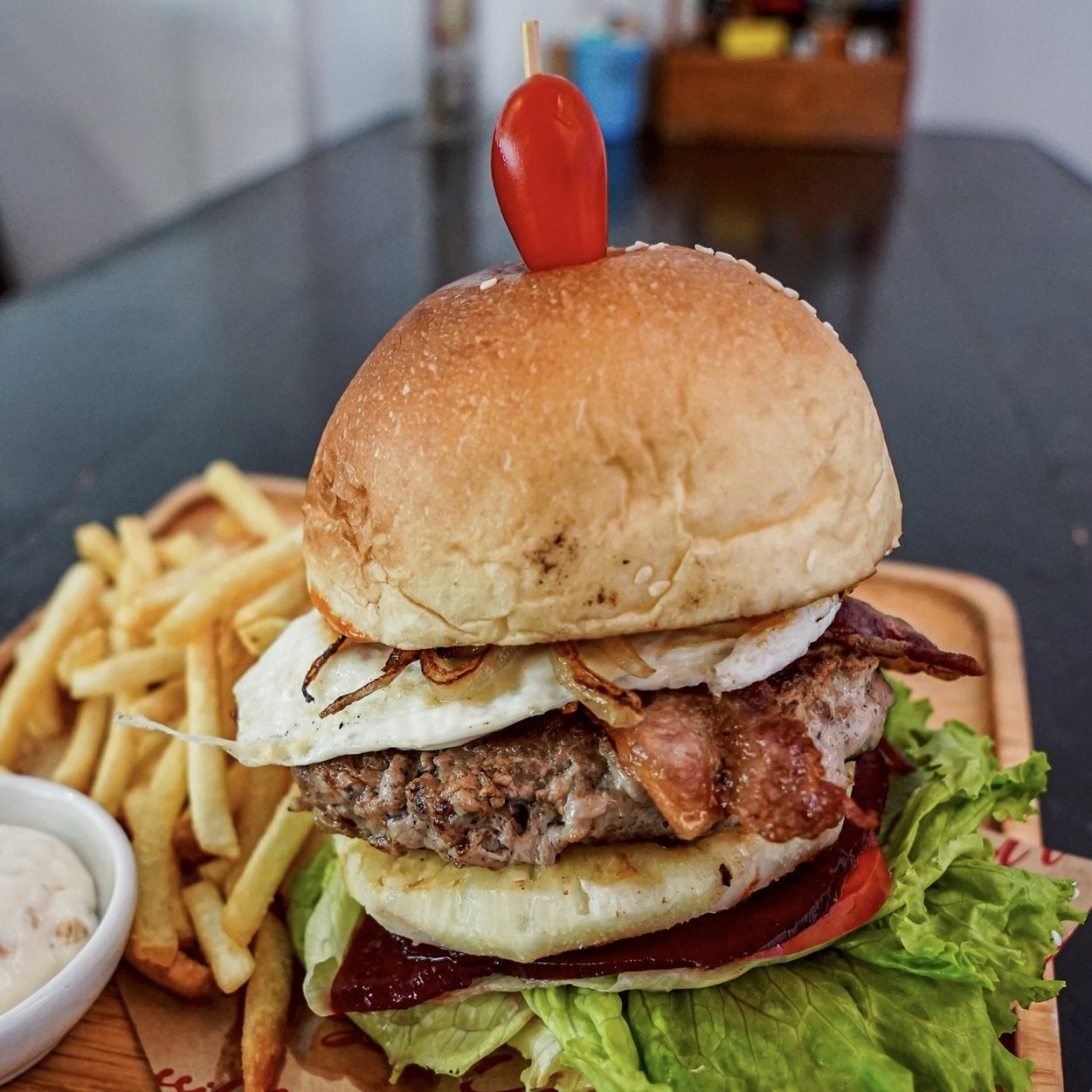 The Outback Burger with bacon and fried egg